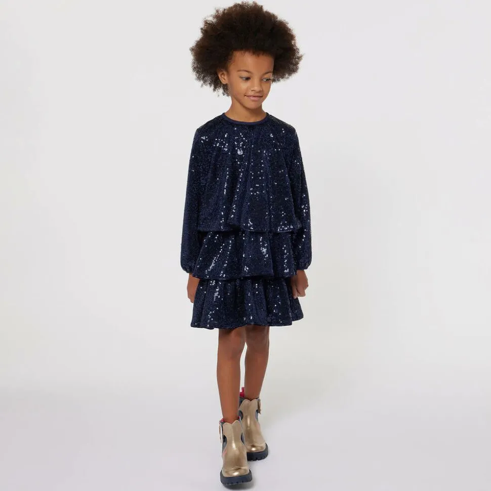 Girls Navy Blue Sequin Flounced Dress