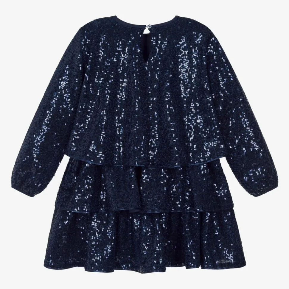 Girls Navy Blue Sequin Flounced Dress