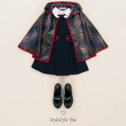 Girls Navy Blue Tartan Rain Cape