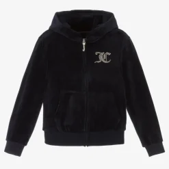 Girls Navy Blue Velour Diamanté Zip-Up Top