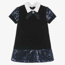 Girls Navy Blue Velvet & Sequin Dress