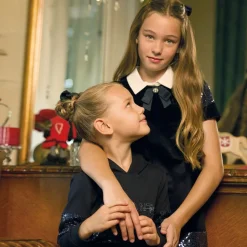 Girls Navy Blue Velvet & Sequin Dress