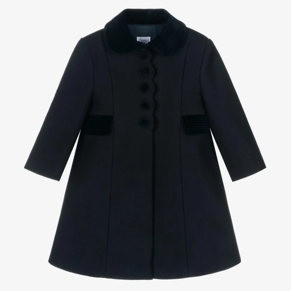 Girls Navy Blue Wool & Velvet Coat