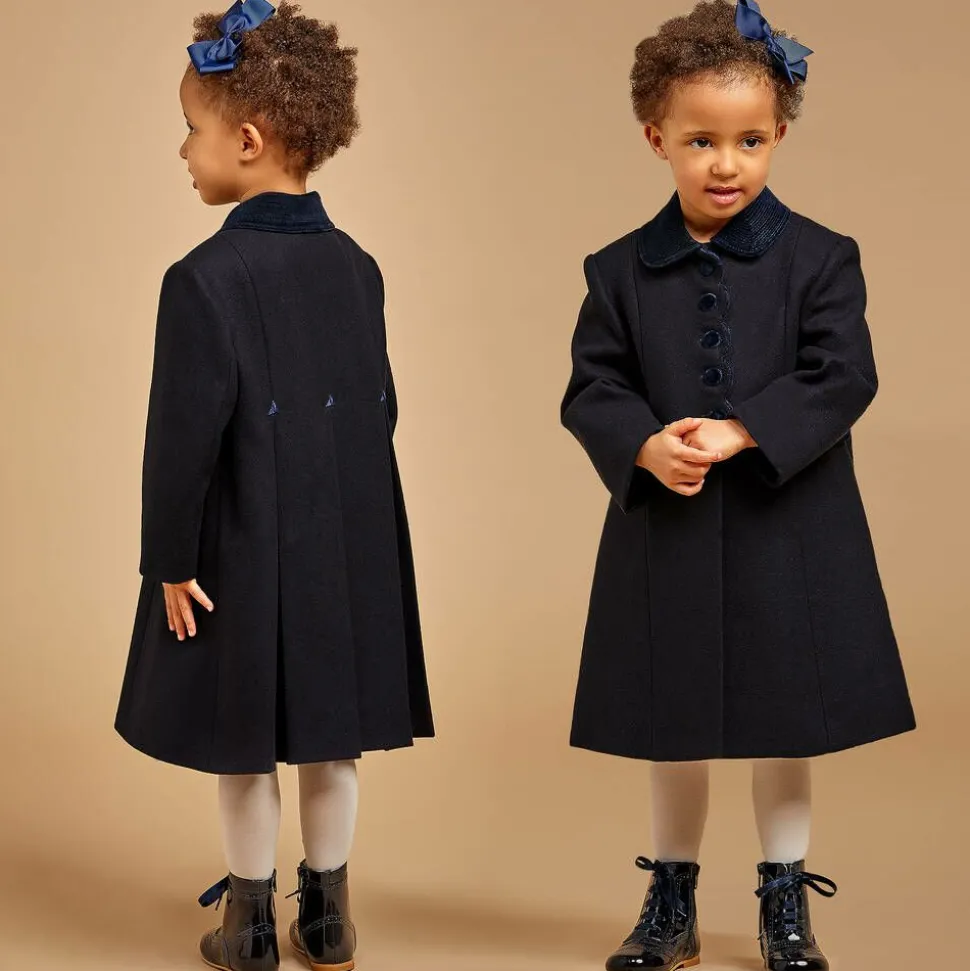 Girls Navy Blue Wool & Velvet Coat
