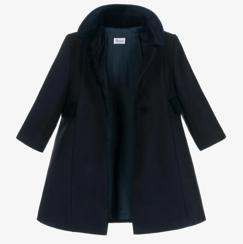 Girls Navy Blue Wool & Velvet Coat