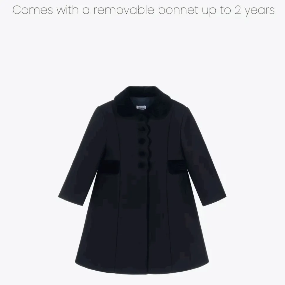 Girls Navy Blue Wool & Velvet Coat