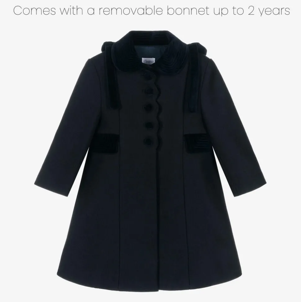 Girls Navy Blue Wool & Velvet Coat
