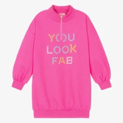 Girls Neon Pink Cotton Sweatshirt Dress