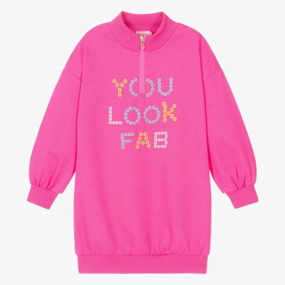 Girls Neon Pink Cotton Sweatshirt Dress