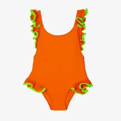 Girls Orange Ruffle & Green Pom-Pom Swimsuit