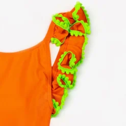 Girls Orange Ruffle & Green Pom-Pom Swimsuit