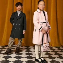 Girls Pink & Black Bouclé Coat