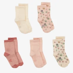 Girls Pink & Ivory Cotton Socks (5 Pack)