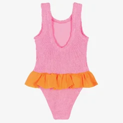 Girls Pink & Orange Crinkle Frill Swimsuit