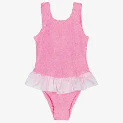 Girls Pink & White Crinkle Frill Swimsuit