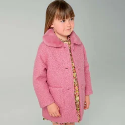 Girls Pink Bouclé & Faux Fur Collar Coat