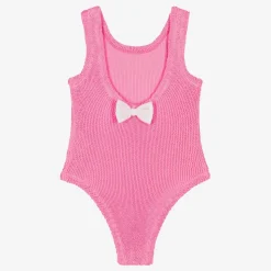Girls Pink Bow Crinkle Swimsuit