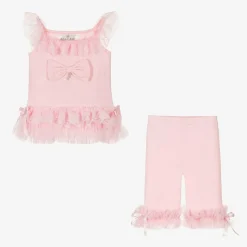 Girls Pink Cotton & Lace Leggings Set