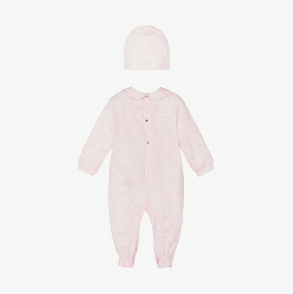 Girls Pink Cotton Babysuit & Hat Set