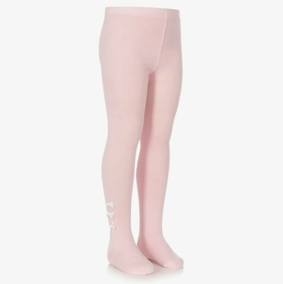 Girls Pink Cotton Bow Tights