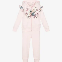 Girls Pink Cotton Floral Bow Tracksuit