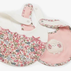 Girls Pink Cotton Floral Sheep Bibs (2 Pack)