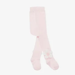 Girls Pink Cotton Knit Flower Tights