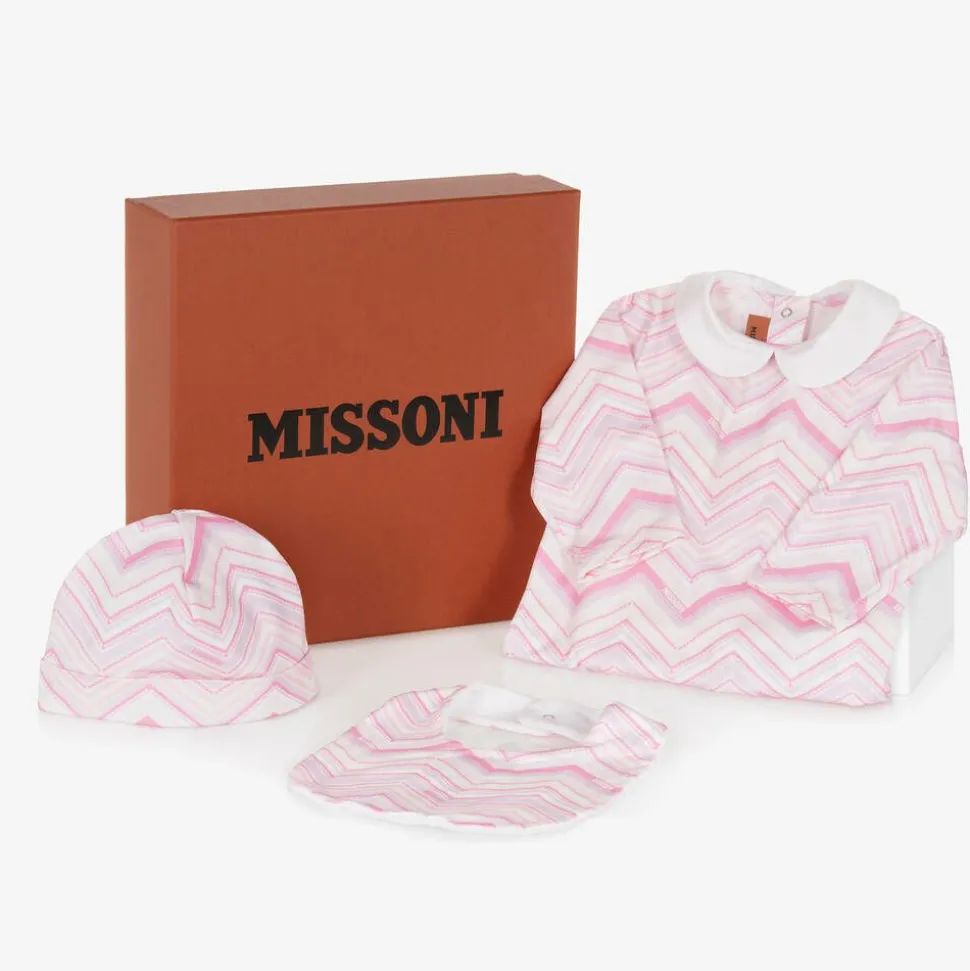 Girls Pink Cotton Zigzag Babygrow Gift Set