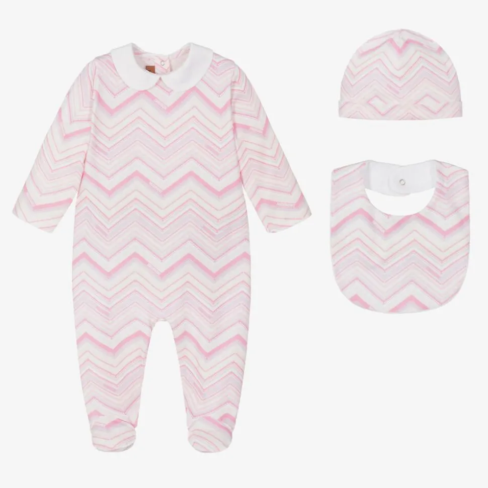 Girls Pink Cotton Zigzag Babygrow Gift Set