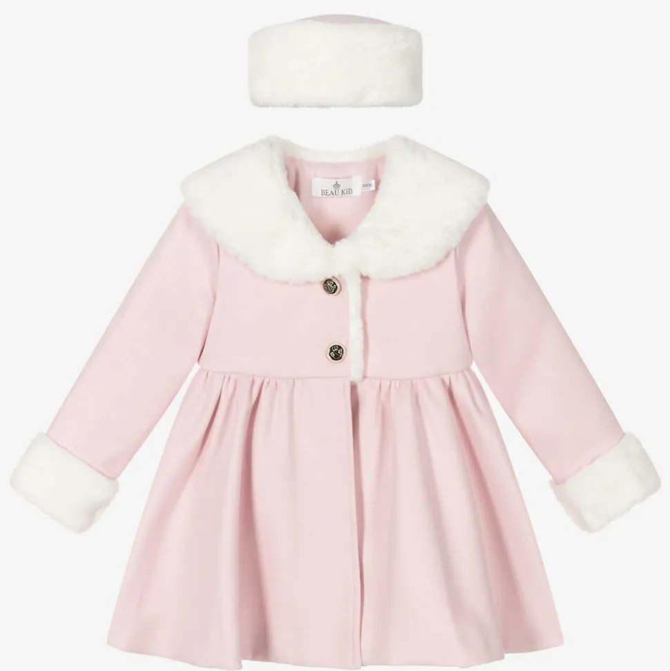 Girls Pink Faux Fur Coat & Hat