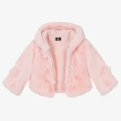 Girls Pink Faux Fur Hooded Jacket