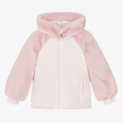Girls Pink Faux Fur Hooded Jacket