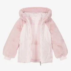Girls Pink Faux Fur Hooded Jacket