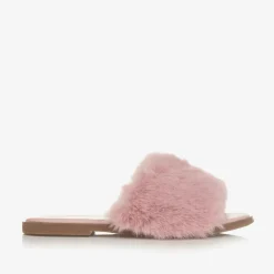 Girls Pink Faux Fur Sliders
