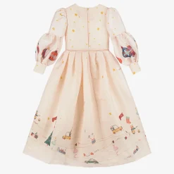 Girls Pink Festive Print Organza Dress