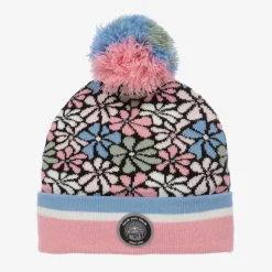 Girls Pink Floral Knitted Pom-Pom Hat