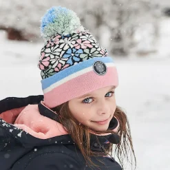 Girls Pink Floral Knitted Pom-Pom Hat