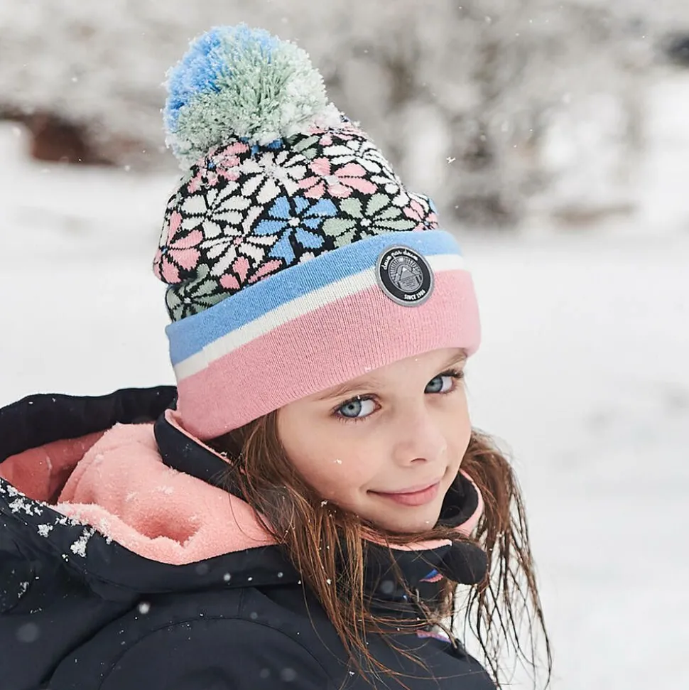 Girls Pink Floral Knitted Pom-Pom Hat