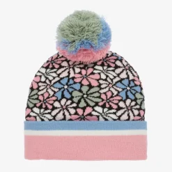 Girls Pink Floral Knitted Pom-Pom Hat