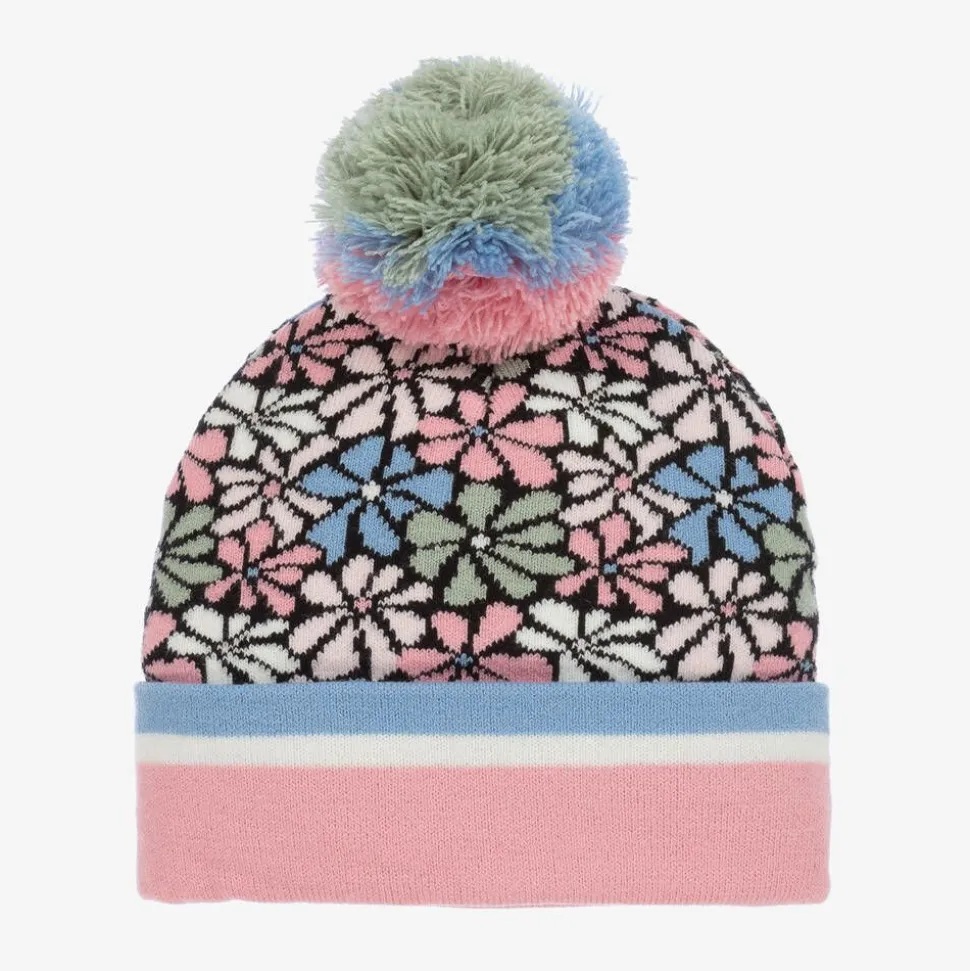 Girls Pink Floral Knitted Pom-Pom Hat
