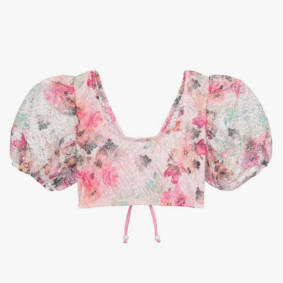 Girls Pink Floral Lace Cropped Beach Top (UV50)