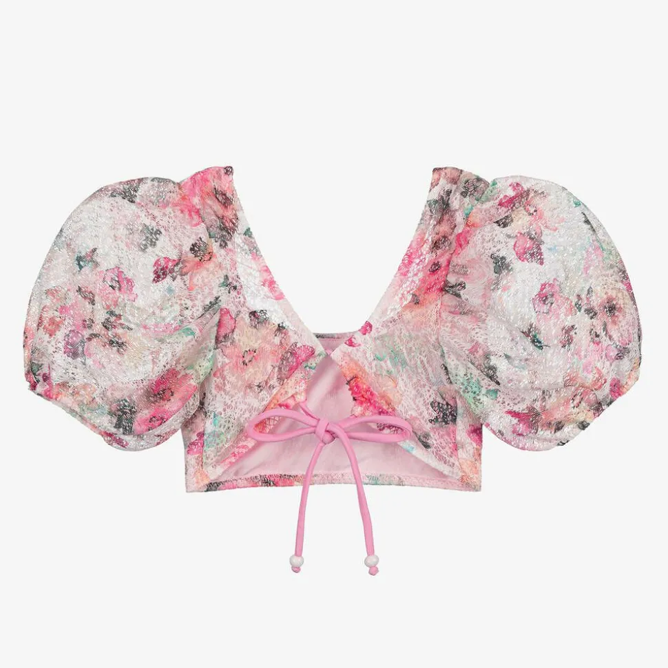 Girls Pink Floral Lace Cropped Beach Top (UV50)