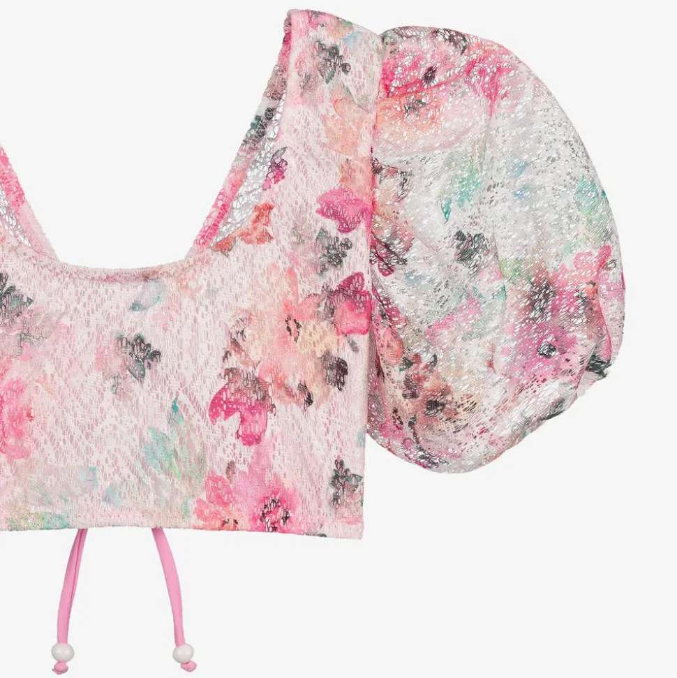 Girls Pink Floral Lace Cropped Beach Top (UV50)
