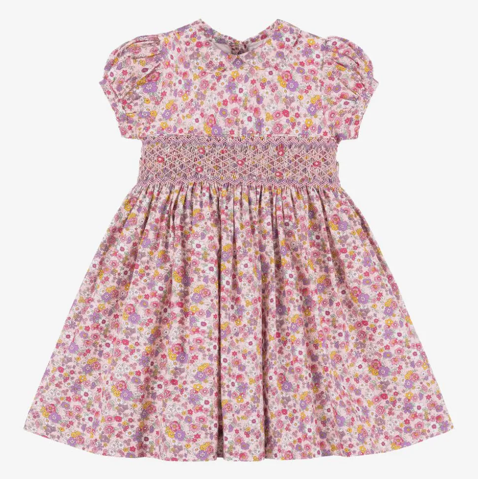 Girls Pink Floral Smocked Cotton Dress