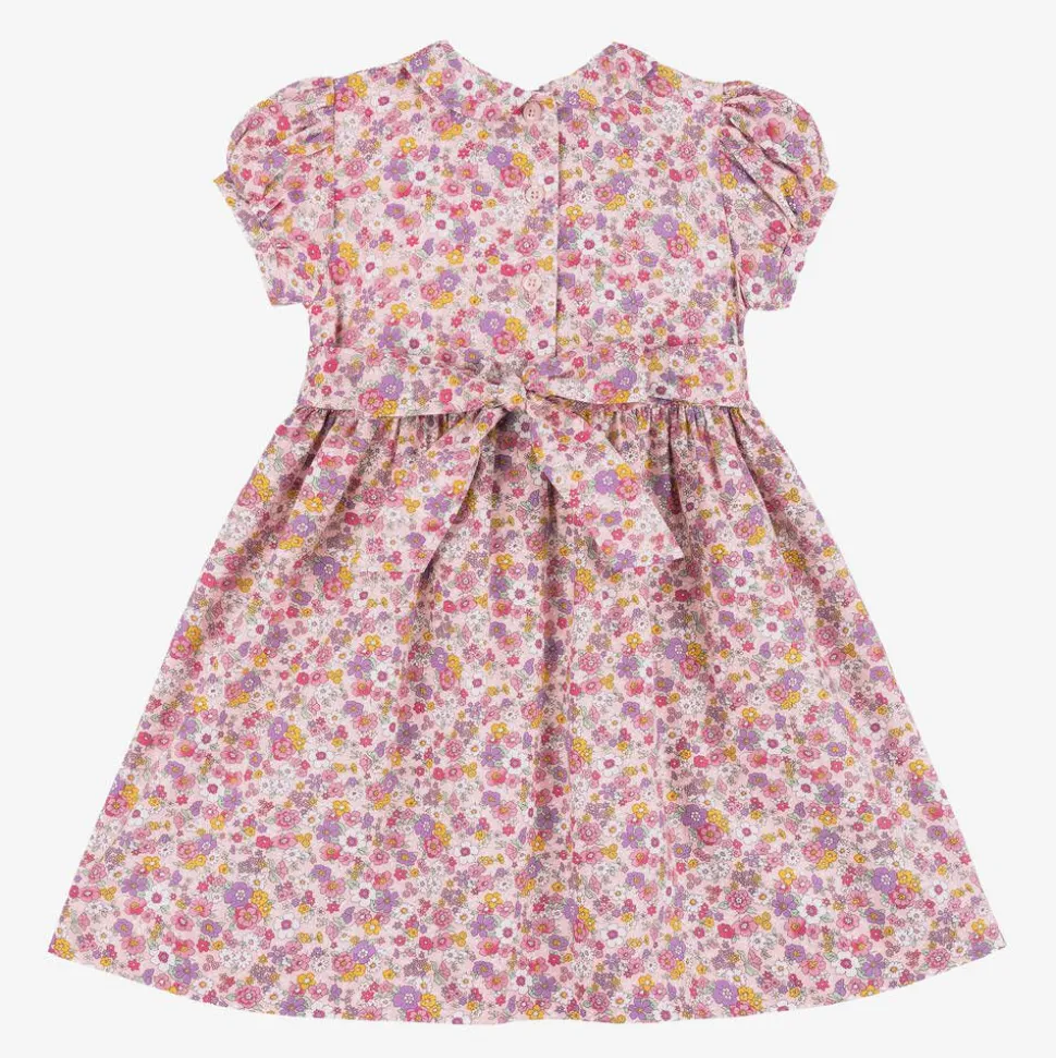 Girls Pink Floral Smocked Cotton Dress