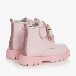 Girls Pink Leather Bow Ankle Boots