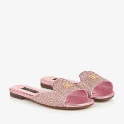 Girls Pink Leather Rhinestones Sliders