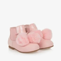 Girls Pink Patent Leather Pom-Pom Boots
