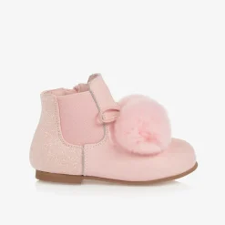 Girls Pink Patent Leather Pom-Pom Boots