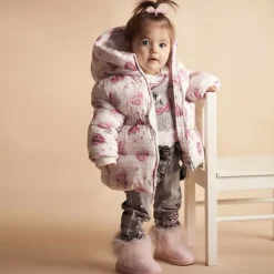 Girls Pink Puffer Flower Hooded Coat